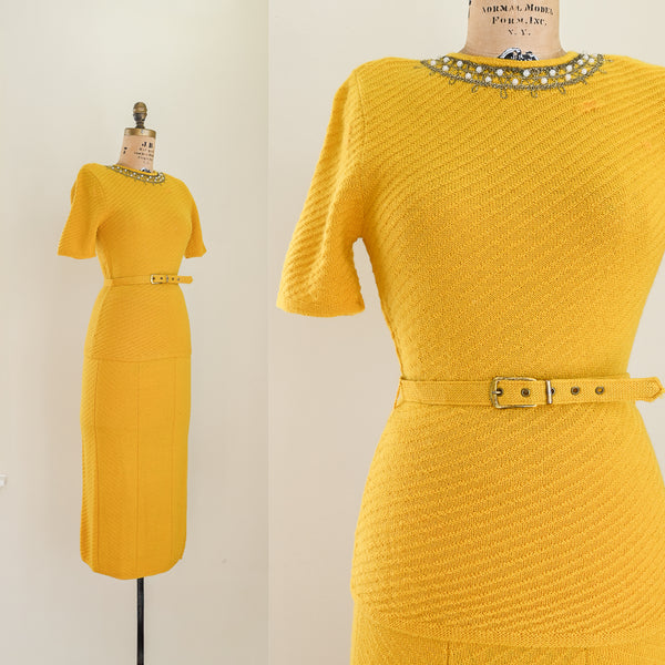 vintage 30s or 40s knit mustard Yellow 3 piece dress set on a mannequin with a plain background